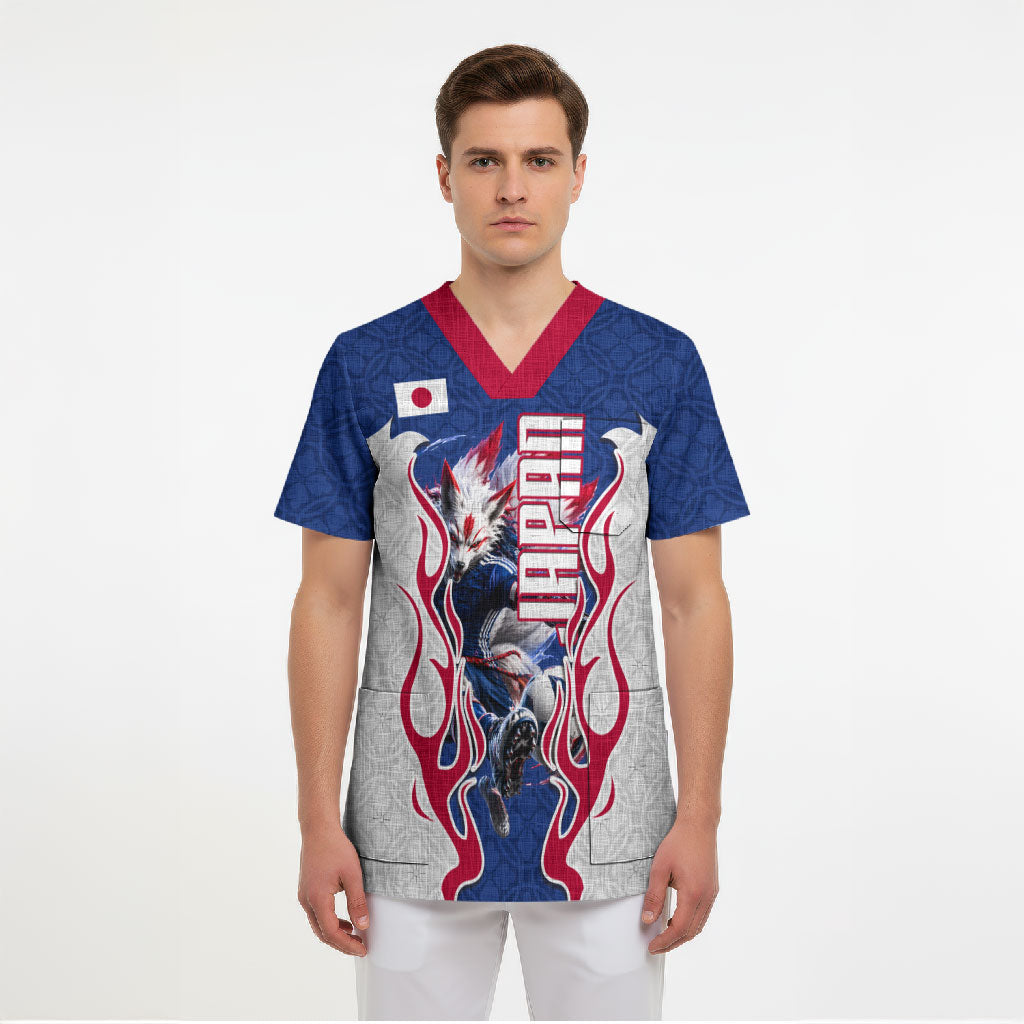 Personalized Japan Football Kitsune Mascot Scrub Top Samurai Blue Chrysanthemum Flame