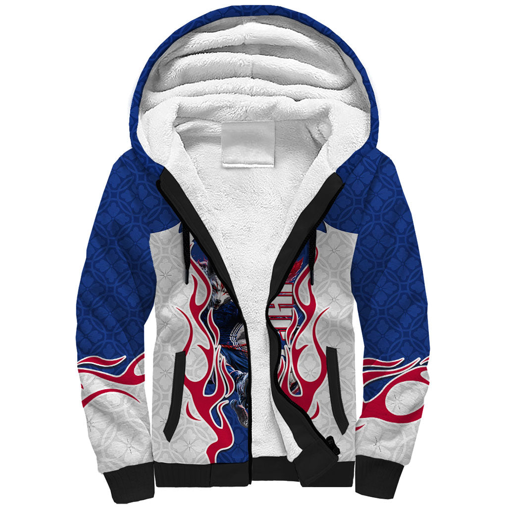 Personalized Japan Football Kitsune Mascot Sherpa Hoodie Samurai Blue Chrysanthemum Flame
