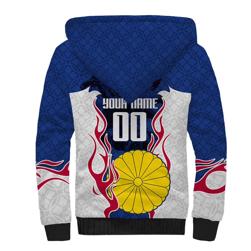 Personalized Japan Football Kitsune Mascot Sherpa Hoodie Samurai Blue Chrysanthemum Flame