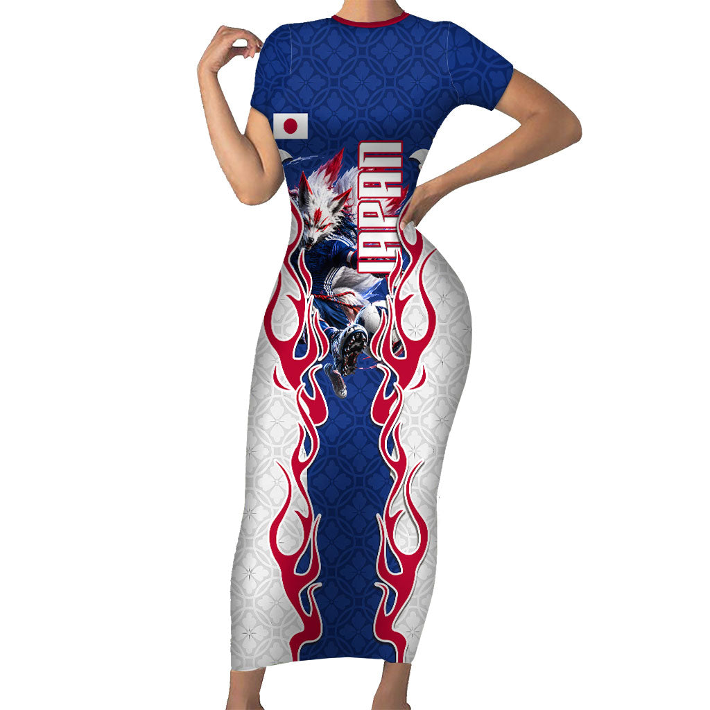 Personalized Japan Football Kitsune Mascot Short Sleeve Bodycon Dress Samurai Blue Chrysanthemum Flame