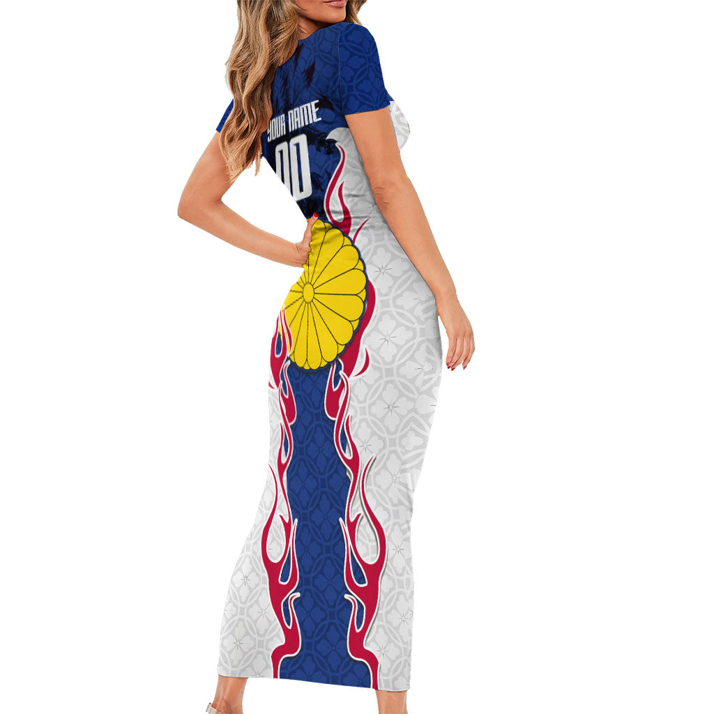 Personalized Japan Football Kitsune Mascot Short Sleeve Bodycon Dress Samurai Blue Chrysanthemum Flame