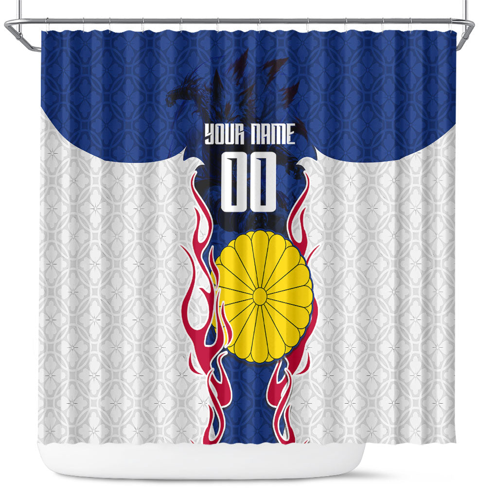 Personalized Japan Football Kitsune Mascot Shower Curtain Samurai Blue Chrysanthemum Flame