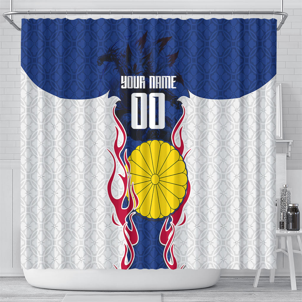 Personalized Japan Football Kitsune Mascot Shower Curtain Samurai Blue Chrysanthemum Flame