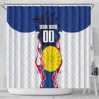 Personalized Japan Football Kitsune Mascot Shower Curtain Samurai Blue Chrysanthemum Flame