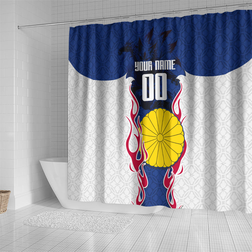 Personalized Japan Football Kitsune Mascot Shower Curtain Samurai Blue Chrysanthemum Flame