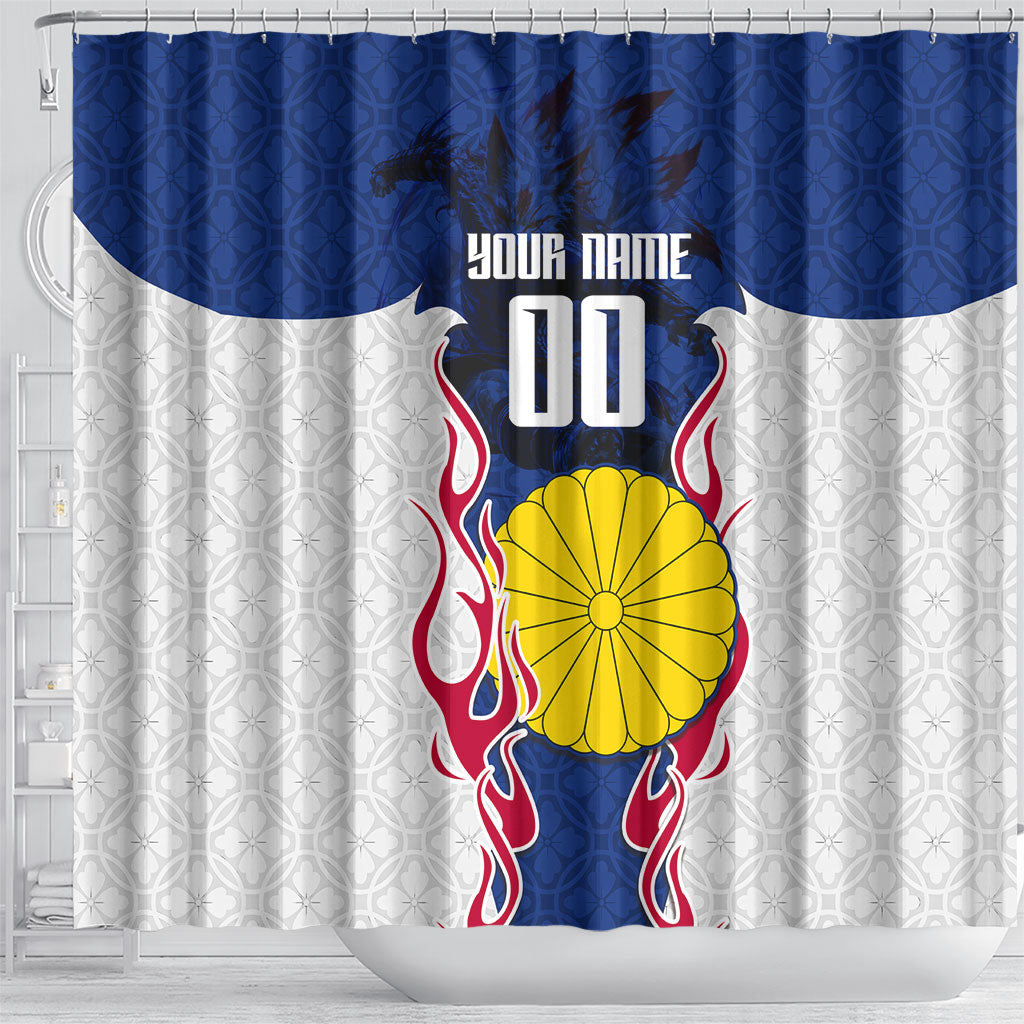 Personalized Japan Football Kitsune Mascot Shower Curtain Samurai Blue Chrysanthemum Flame