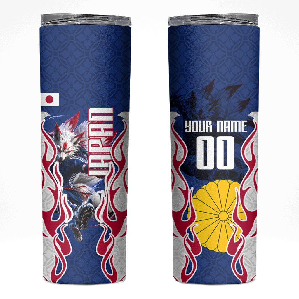 Personalized Japan Football Kitsune Mascot Skinny Tumbler Samurai Blue Chrysanthemum Flame