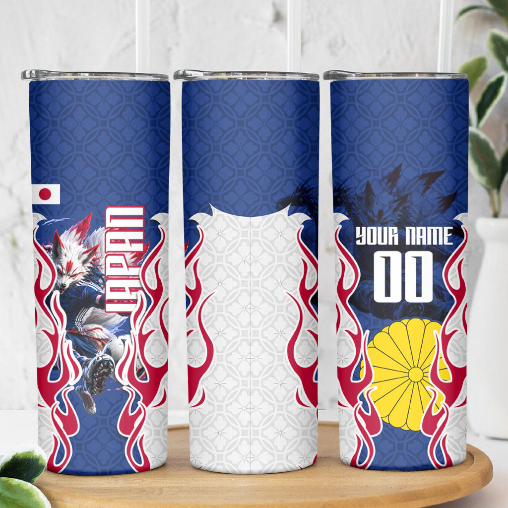 Personalized Japan Football Kitsune Mascot Skinny Tumbler Samurai Blue Chrysanthemum Flame