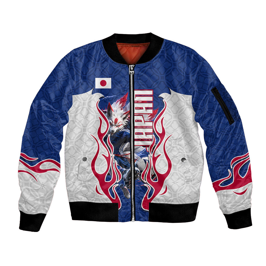Personalized Japan Football Kitsune Mascot Sleeve Zip Bomber Jacket Samurai Blue Chrysanthemum Flame
