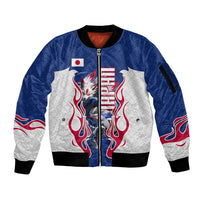 Personalized Japan Football Kitsune Mascot Sleeve Zip Bomber Jacket Samurai Blue Chrysanthemum Flame