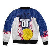 Personalized Japan Football Kitsune Mascot Sleeve Zip Bomber Jacket Samurai Blue Chrysanthemum Flame