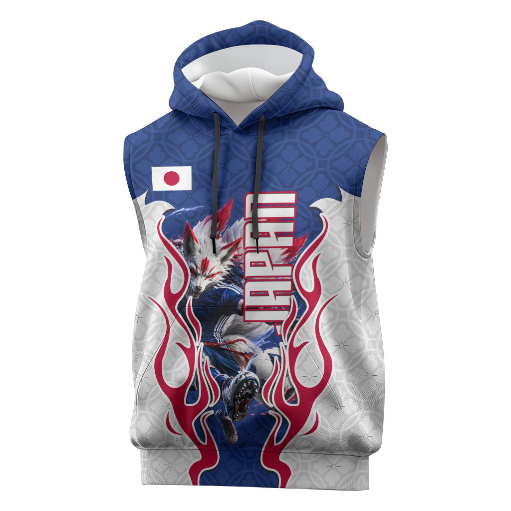 Personalized Japan Football Kitsune Mascot Sleeveless Hoodie Samurai Blue Chrysanthemum Flame