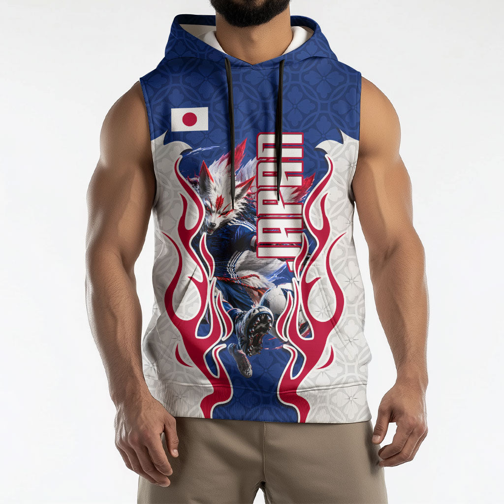 Personalized Japan Football Kitsune Mascot Sleeveless Hoodie Samurai Blue Chrysanthemum Flame