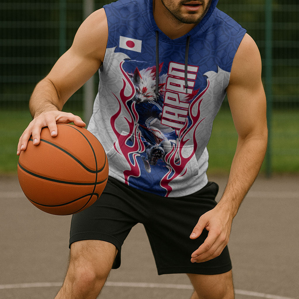 Personalized Japan Football Kitsune Mascot Sleeveless Hoodie Samurai Blue Chrysanthemum Flame