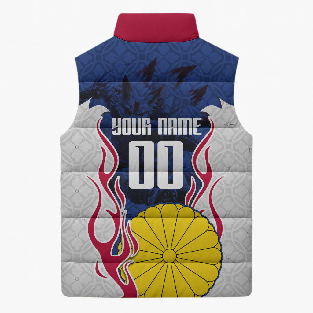 Personalized Japan Football Kitsune Mascot Sleeveless Puffer Jacket Samurai Blue Chrysanthemum Flame