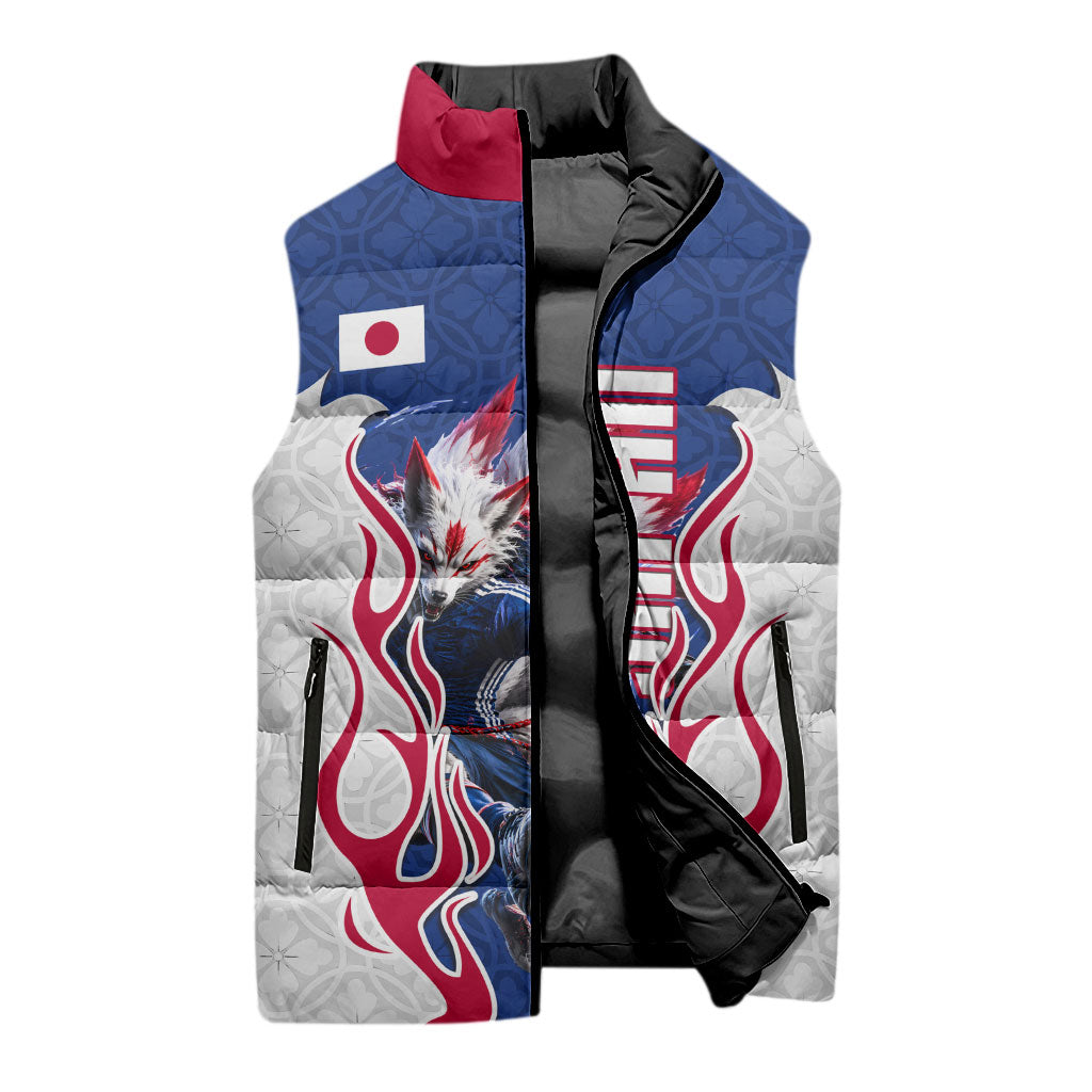 Personalized Japan Football Kitsune Mascot Sleeveless Puffer Jacket Samurai Blue Chrysanthemum Flame