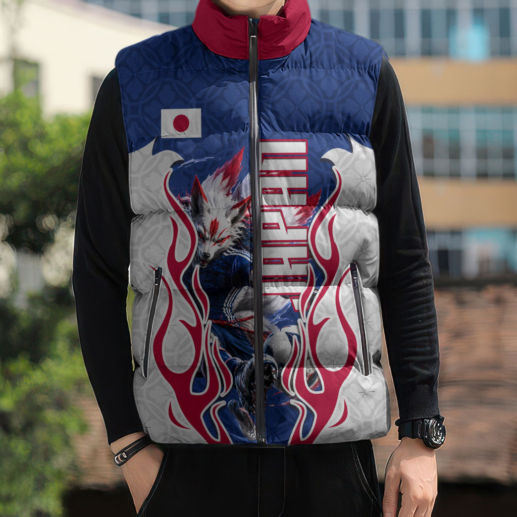 Personalized Japan Football Kitsune Mascot Sleeveless Puffer Jacket Samurai Blue Chrysanthemum Flame