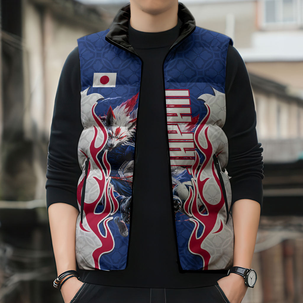 Personalized Japan Football Kitsune Mascot Sleeveless Puffer Jacket Samurai Blue Chrysanthemum Flame