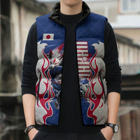 Personalized Japan Football Kitsune Mascot Sleeveless Puffer Jacket Samurai Blue Chrysanthemum Flame