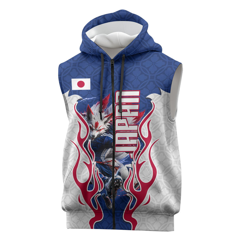 Personalized Japan Football Kitsune Mascot Sleeveless Zip Hoodie Samurai Blue Chrysanthemum Flame