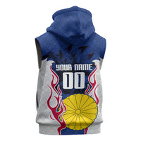 Personalized Japan Football Kitsune Mascot Sleeveless Zip Hoodie Samurai Blue Chrysanthemum Flame