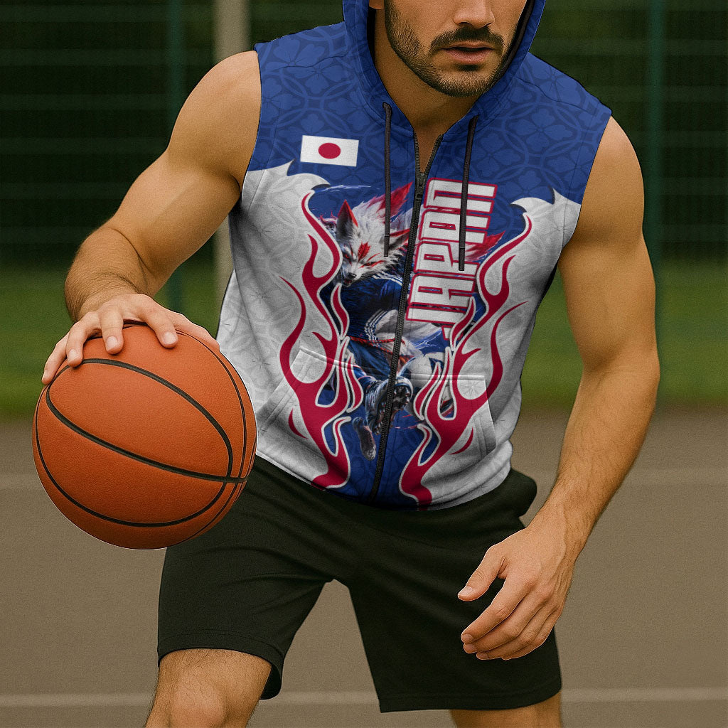 Personalized Japan Football Kitsune Mascot Sleeveless Zip Hoodie Samurai Blue Chrysanthemum Flame