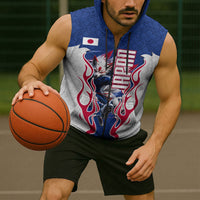 Personalized Japan Football Kitsune Mascot Sleeveless Zip Hoodie Samurai Blue Chrysanthemum Flame