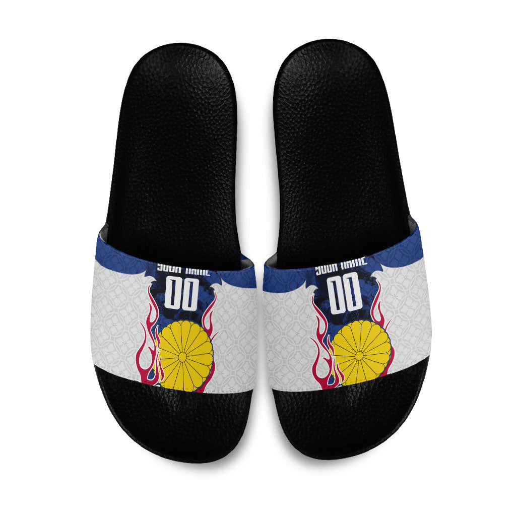 Personalized Japan Football Kitsune Mascot Slide Sandals Samurai Blue Chrysanthemum Flame