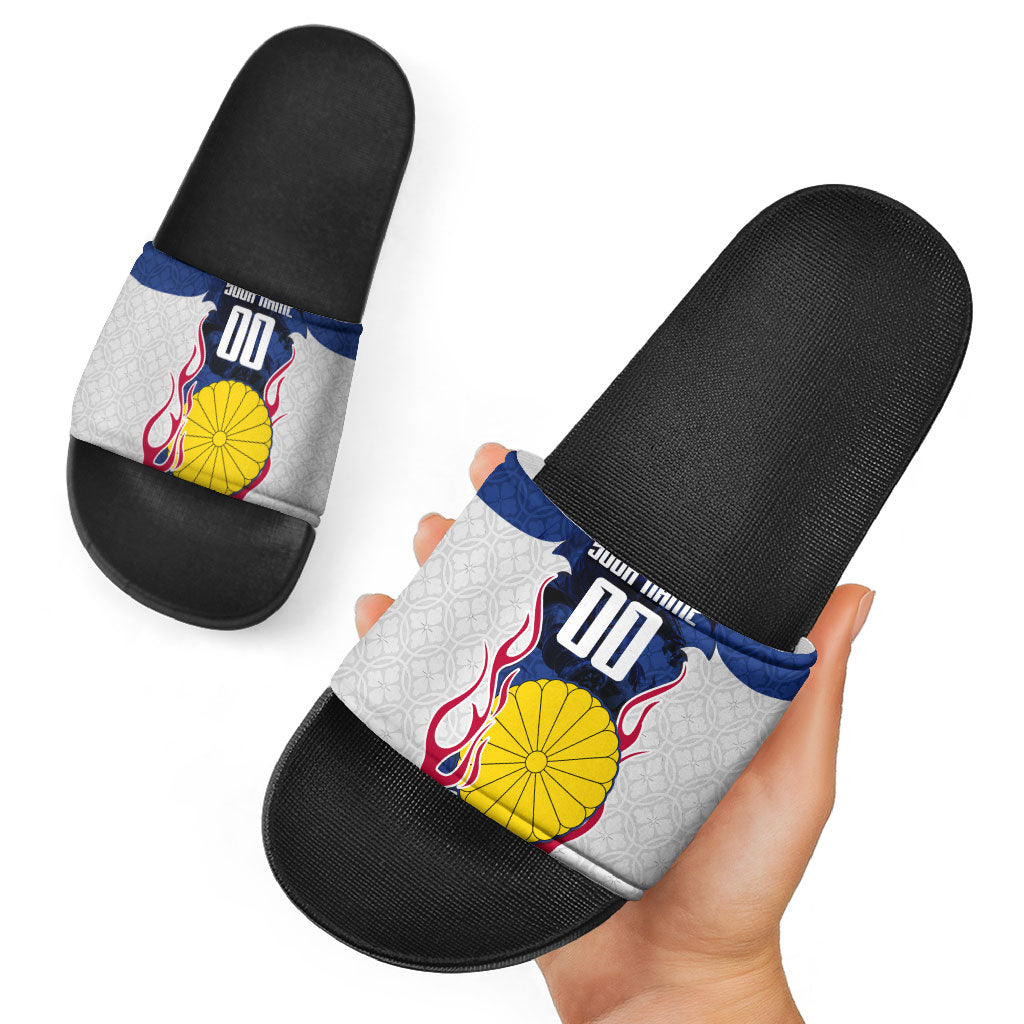 Personalized Japan Football Kitsune Mascot Slide Sandals Samurai Blue Chrysanthemum Flame