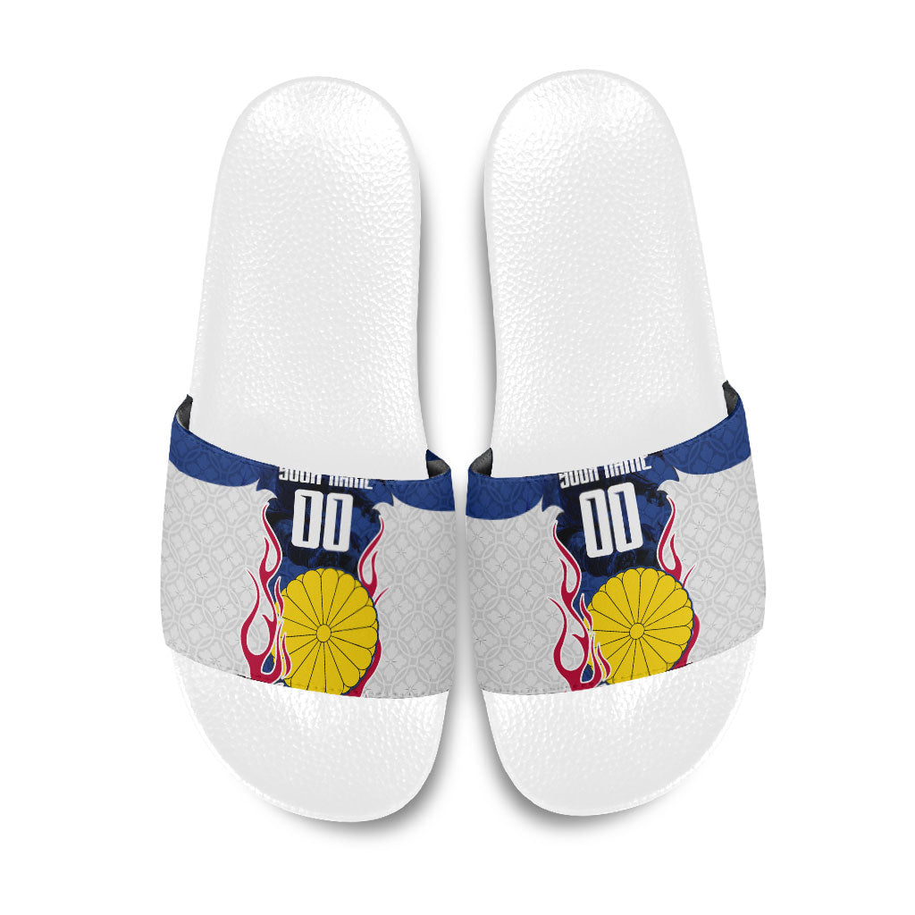 Personalized Japan Football Kitsune Mascot Slide Sandals Samurai Blue Chrysanthemum Flame