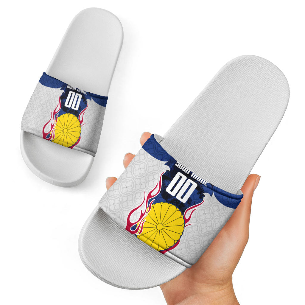 Personalized Japan Football Kitsune Mascot Slide Sandals Samurai Blue Chrysanthemum Flame