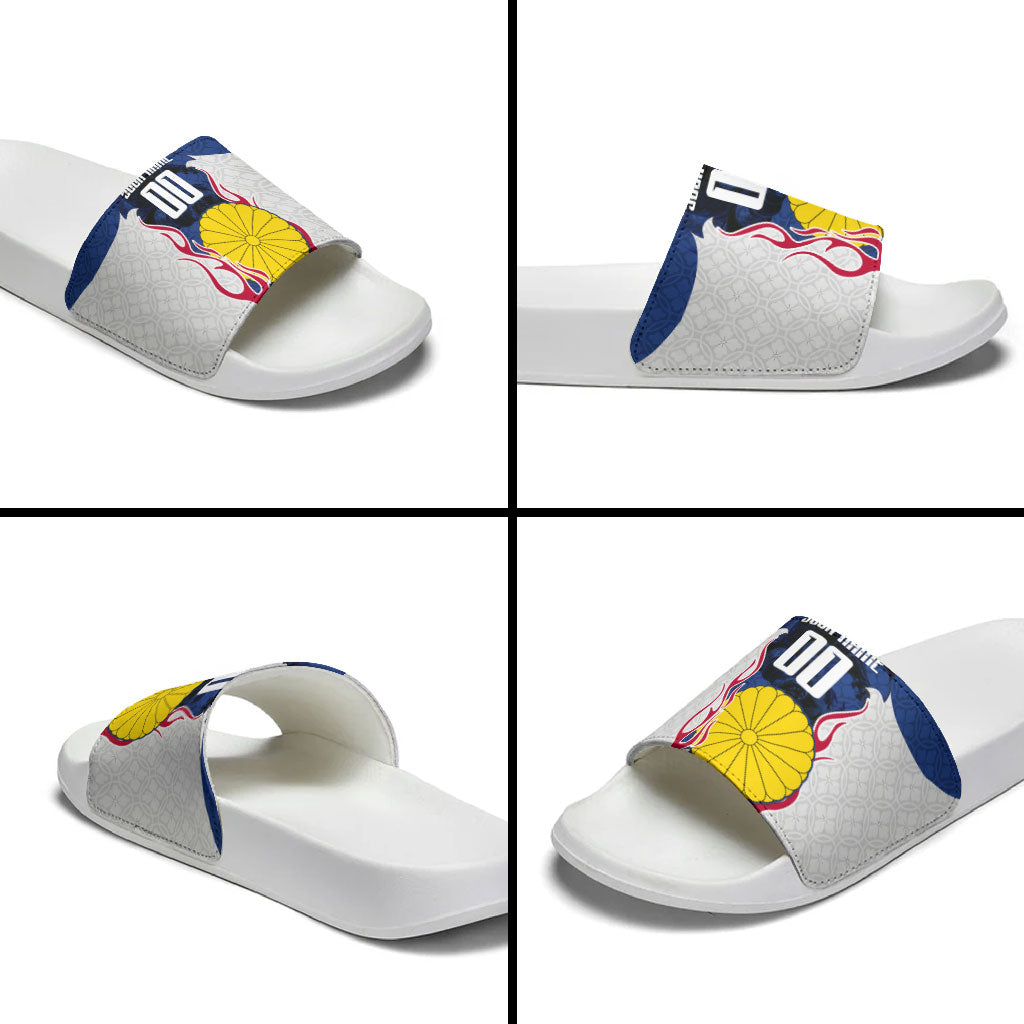 Personalized Japan Football Kitsune Mascot Slide Sandals Samurai Blue Chrysanthemum Flame