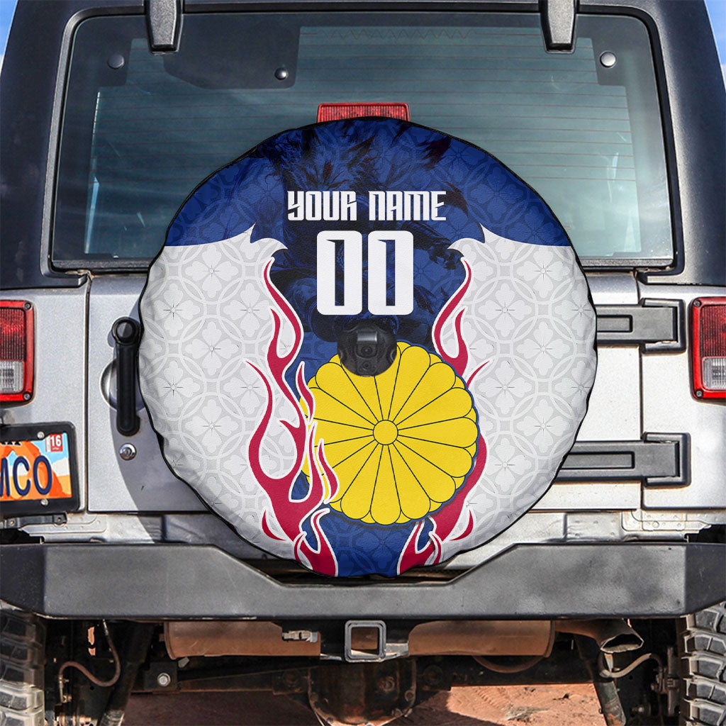 Personalized Japan Football Kitsune Mascot Spare Tire Cover Samurai Blue Chrysanthemum Flame