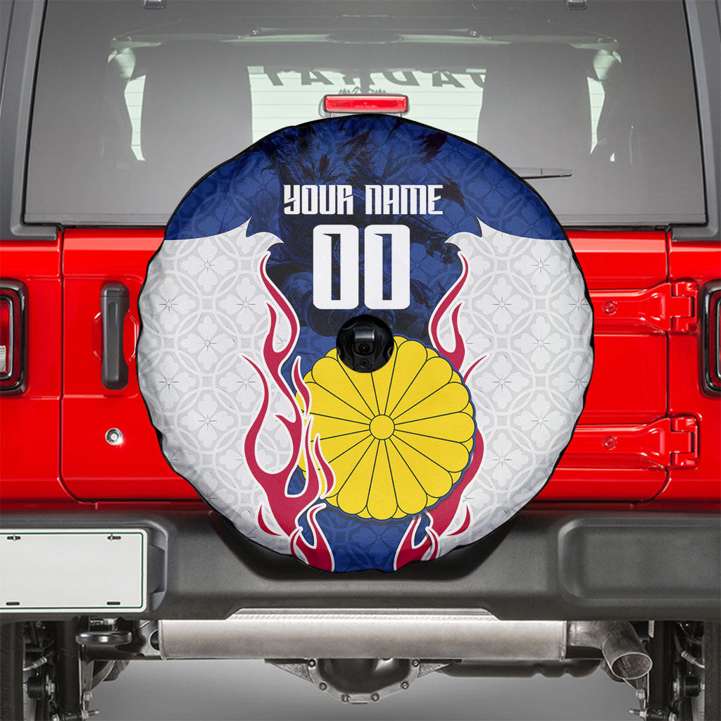 Personalized Japan Football Kitsune Mascot Spare Tire Cover Samurai Blue Chrysanthemum Flame