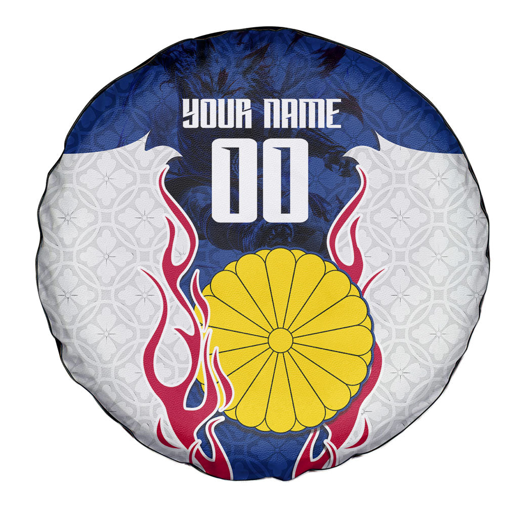 Personalized Japan Football Kitsune Mascot Spare Tire Cover Samurai Blue Chrysanthemum Flame