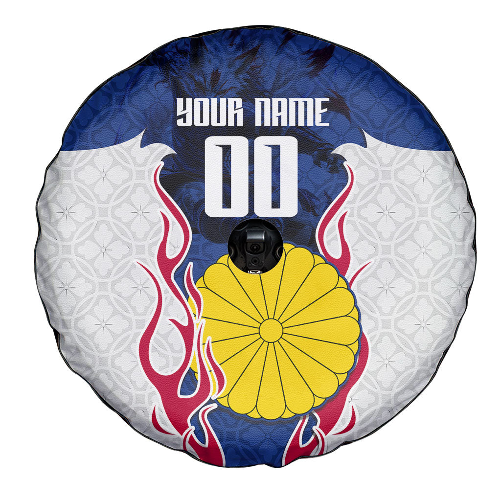 Personalized Japan Football Kitsune Mascot Spare Tire Cover Samurai Blue Chrysanthemum Flame