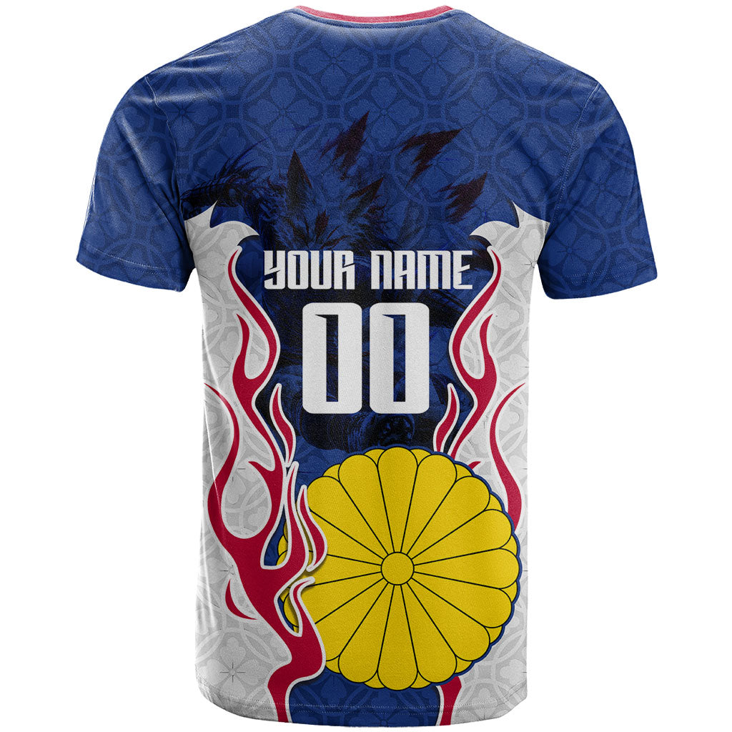 Personalized Japan Football Kitsune Mascot T Shirt Samurai Blue Chrysanthemum Flame