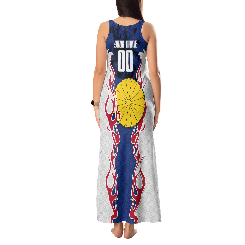 Personalized Japan Football Kitsune Mascot Tank Maxi Dress Samurai Blue Chrysanthemum Flame