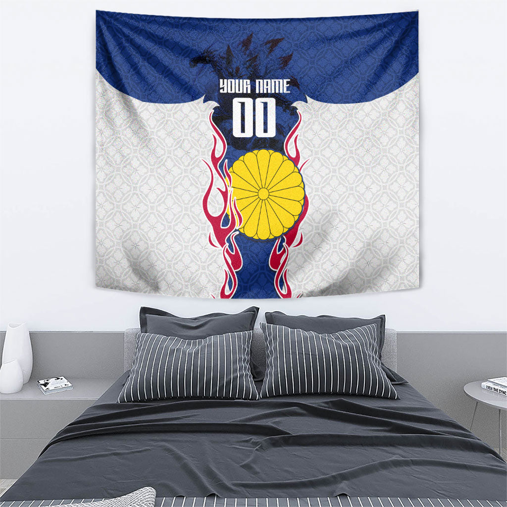 Personalized Japan Football Kitsune Mascot Tapestry Samurai Blue Chrysanthemum Flame