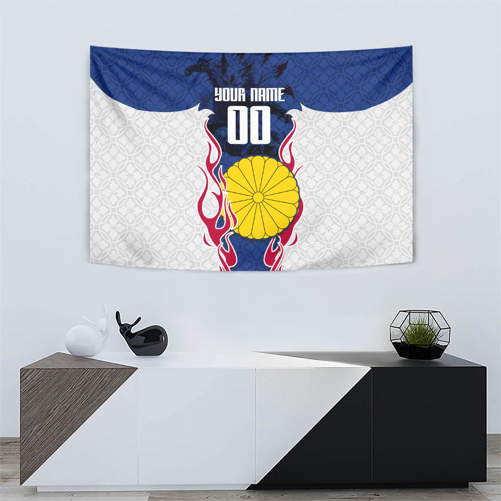 Personalized Japan Football Kitsune Mascot Tapestry Samurai Blue Chrysanthemum Flame