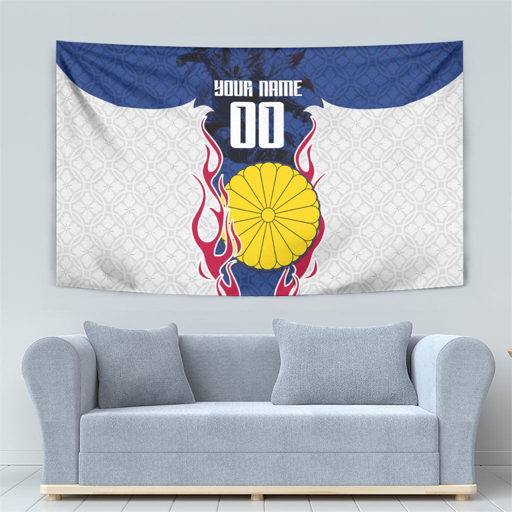 Personalized Japan Football Kitsune Mascot Tapestry Samurai Blue Chrysanthemum Flame