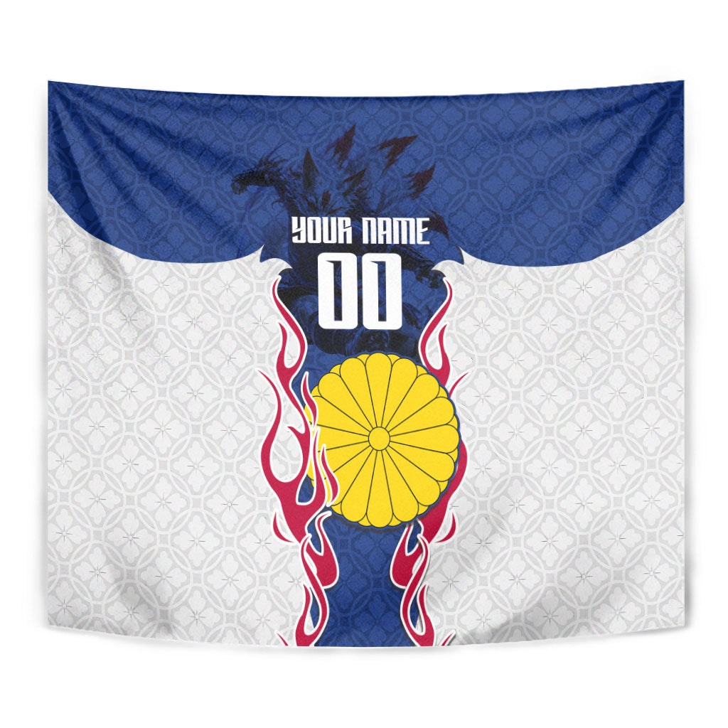 Personalized Japan Football Kitsune Mascot Tapestry Samurai Blue Chrysanthemum Flame