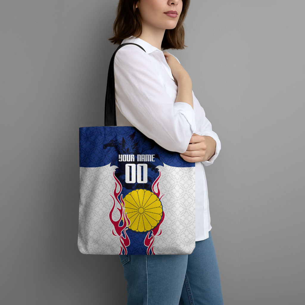 Personalized Japan Football Kitsune Mascot Tote Bag Samurai Blue Chrysanthemum Flame
