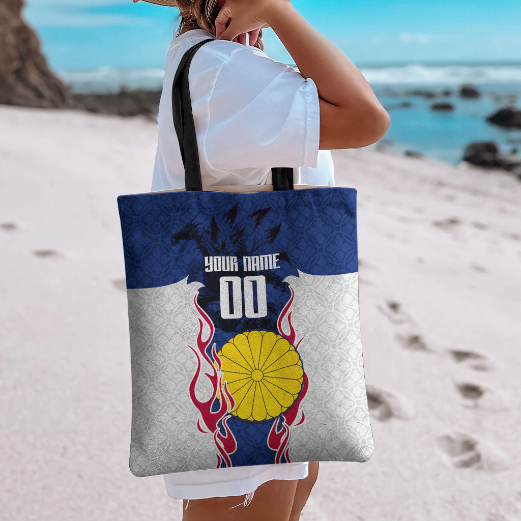 Personalized Japan Football Kitsune Mascot Tote Bag Samurai Blue Chrysanthemum Flame