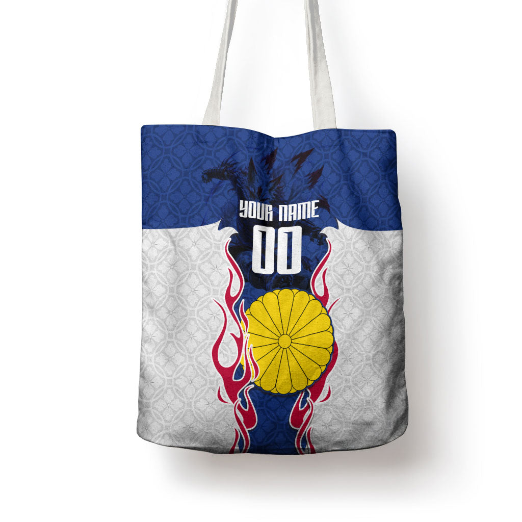 Personalized Japan Football Kitsune Mascot Tote Bag Samurai Blue Chrysanthemum Flame