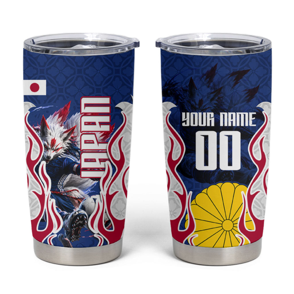 Personalized Japan Football Kitsune Mascot Tumbler Cup Samurai Blue Chrysanthemum Flame