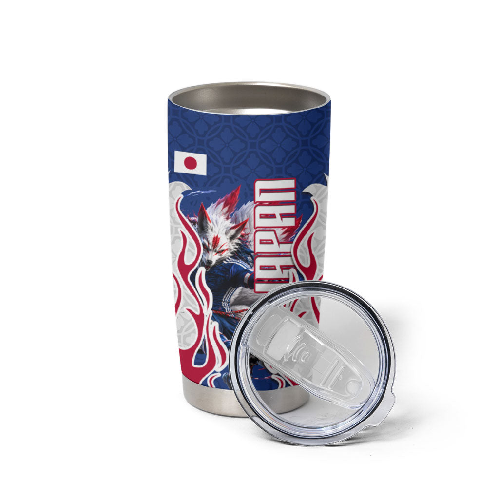 Personalized Japan Football Kitsune Mascot Tumbler Cup Samurai Blue Chrysanthemum Flame