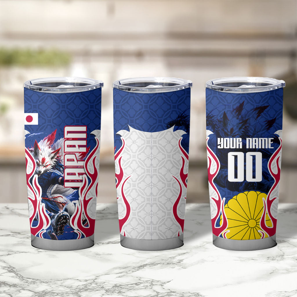 Personalized Japan Football Kitsune Mascot Tumbler Cup Samurai Blue Chrysanthemum Flame