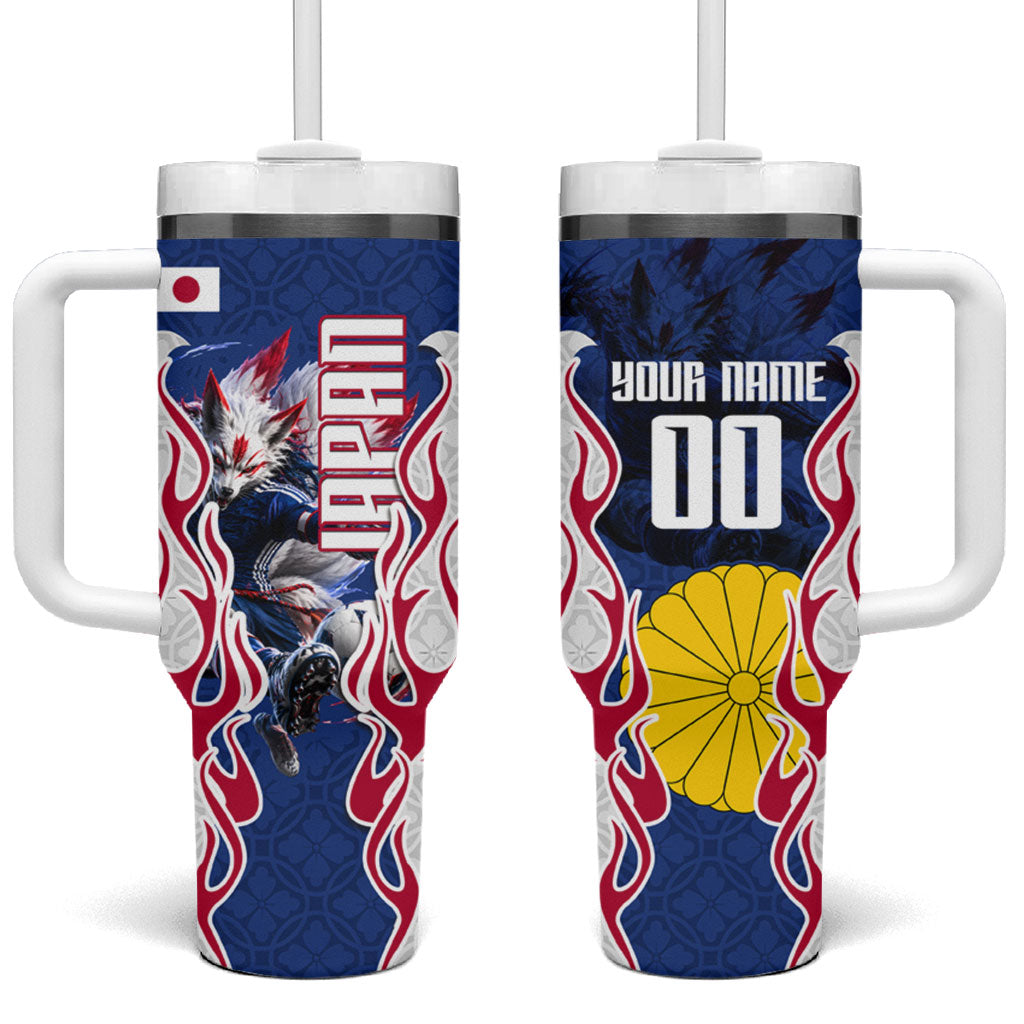 Personalized Japan Football Kitsune Mascot Tumbler With Handle Samurai Blue Chrysanthemum Flame