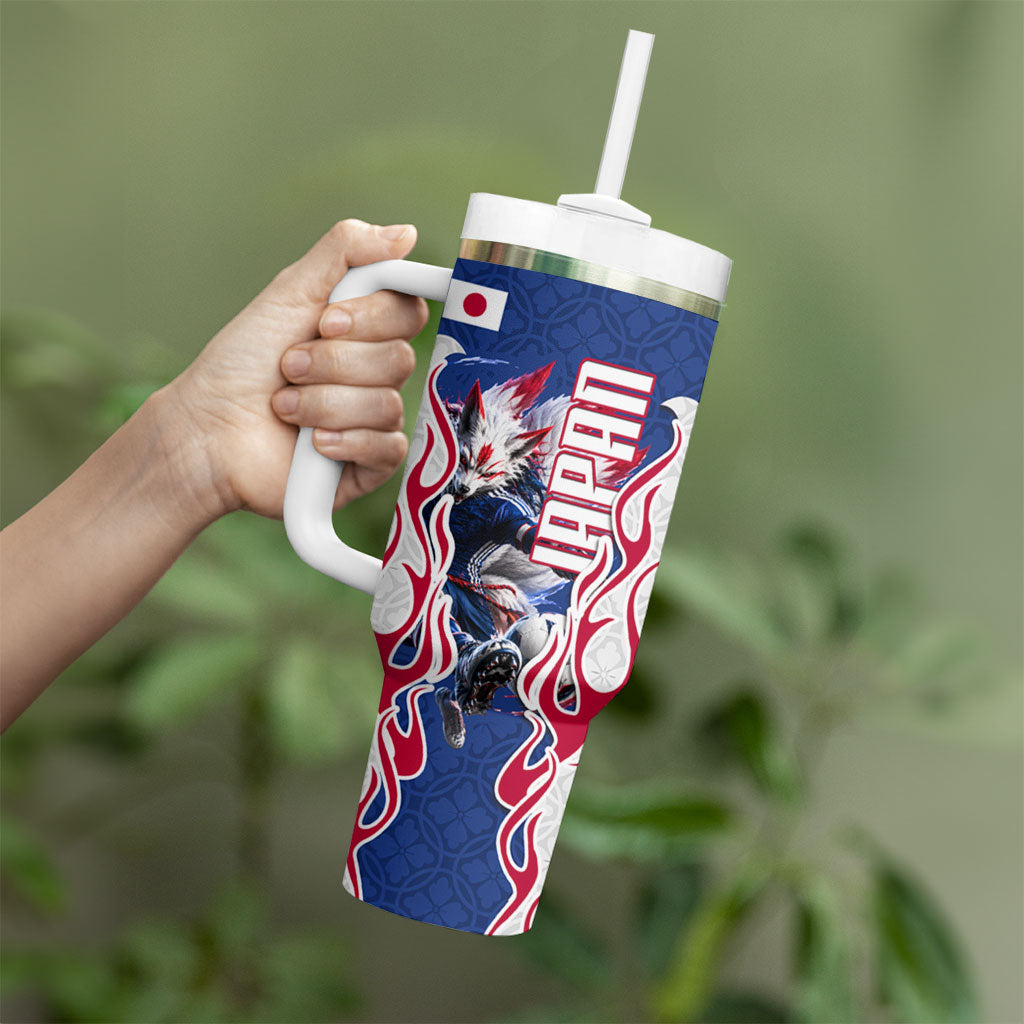 Personalized Japan Football Kitsune Mascot Tumbler With Handle Samurai Blue Chrysanthemum Flame